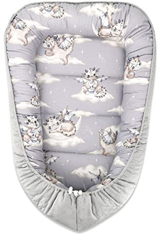 Baby Delux Babynest Babykokon Kuschelnest für Neugeborene zweiseitig 100% Baumwolle Samt antiallergisch (Drache grau)