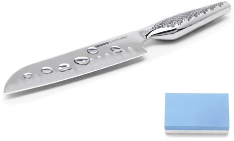 CROWD COOKWARE - Coltello da cucina Santoku, in acciaio inossidabile tedesco, versatile, manico ergonomico, lavabile in lavastoviglie, pietra per affilare inclusa
