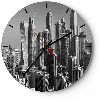Modern Wanduhr Wolkenkratzer Fotografie Dubai 40x40cm Rund Groß Wand Uhr Glas Analog Zimmeruhren Küche Büro Wohnzimmer Glasuhr Wall Clock Dekoration Design Wanddekoration Küchenuhr C3AR40x40-4388
