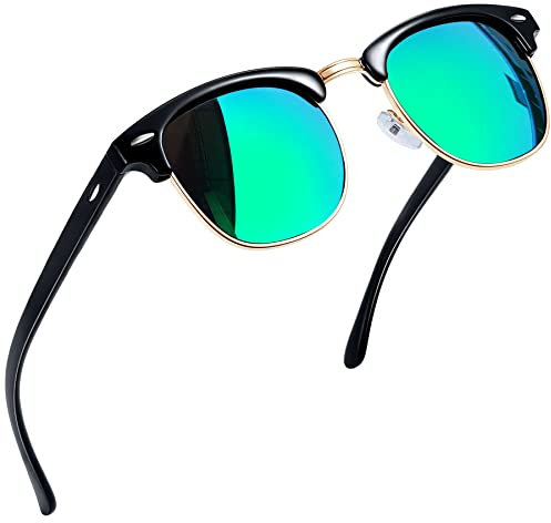 Joopin Semi-Rimless Polarised Sunglasses for Men, UV400 Protection Classic Horn Rimmed Half Frame Womens Sun glasses(Mirrored Green Lens)