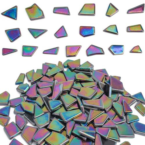 Youway Style Schwarze Glas-Mosaikfliesen zum Basteln, 200 g Buntglas-Mosaikzubehör, schillernde zerbrochene Fliesen für Mosaik-Bastelarbeiten, DIY-Mosiac-Tisch