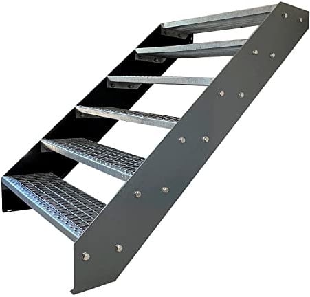 Kaminbau Mierzwa Premium Stahl Treppe Verzinkt & Anthrazit Pulverbeschichtet 6 Stufen (Breite 140 cm) (Höhe 114 cm) Wetterfest Gitterroststufe Gartentreppe