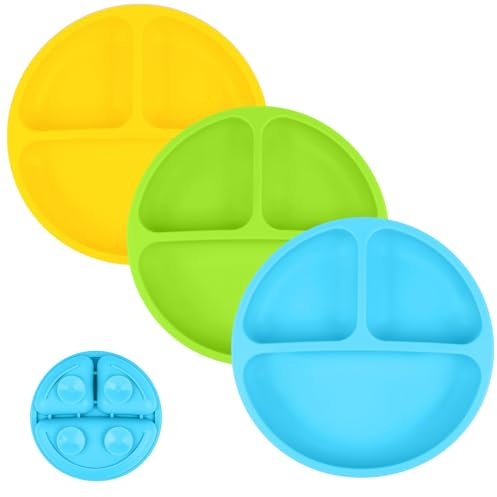 Vicloon Baby Suction Plate, 3Pcs Silicone Baby Suction Plates, Non Slip Silicone Toddler Weaning Plate, Divided Dishes for Toddler Kids Self Feeding, Fits for Most Highchairs Trays
