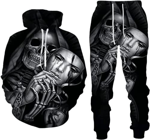 BLOORI 3D Totenkopf Herren und Damen Trainingsanzug Jogging Set Männer Sportanzug Männer Sweatshirt Hosen