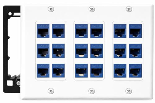DIYTECH 18 Port Ethernet Wall Plate, Cat 6, Wall Outlet, RJ45 Female to Female Keystone Jacks - White