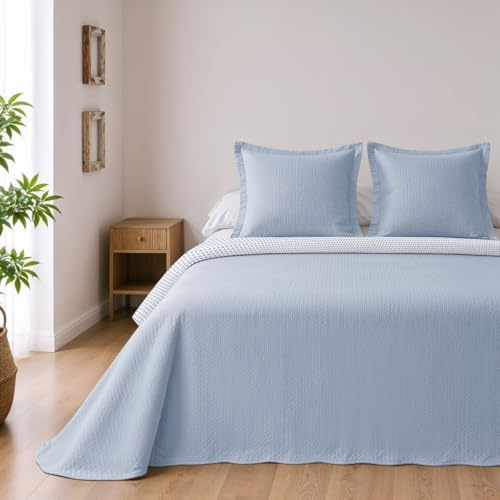 BOHEME Colcha Reversible de Microfibra Azul Cama 135+2 Fundas de Cojín