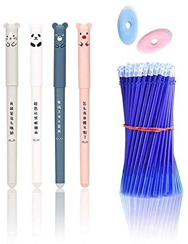 LOREC 4 Stück Blau Cartoon Radierbarer Kugelschreiber mit 50 Stück 0,35mm Nachfüllungen und 2 x Radiergummis, Löschbarer Gelstift Panda Gelschreiber Radierbar für Erwachsene, Kinder, Studenten