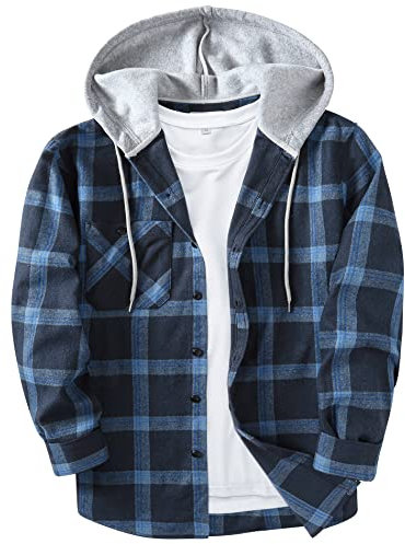 JACKETOWN Men's Plaid Casual Sweatshirt Hoodie Long Sleeve Shirt with Pocket Button Down Checked Jacket Flannel Regular Fit 4 Seasons Lumberjack Navy Blue