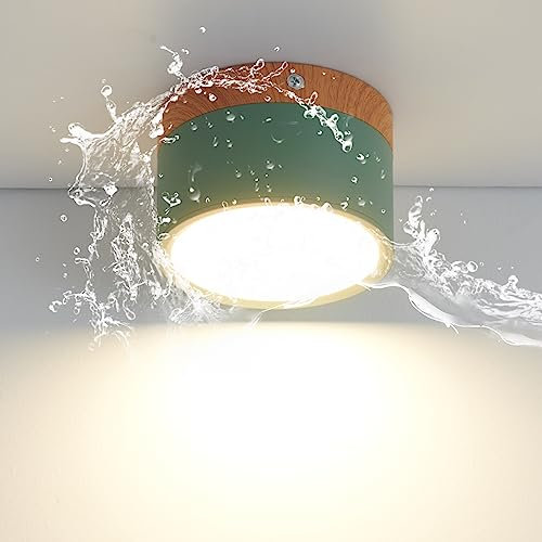 Schindora LED-Deckenleuchte, Aufbaustrahler mit Holzdekor, Mini-runde grüne Deckenleuchte, Kaltweiß 6000 K, 12 W.