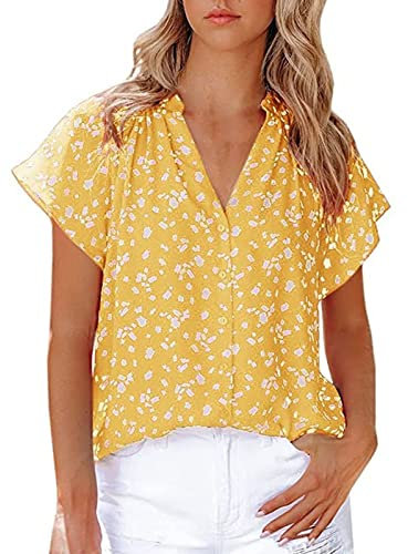 Damenhemd Damenbekleidung 2023 Top-Kurzarm-Chiffon-Druckbluse mit V-Ausschnitt Pailletten Shirt Damen (Yellow, XXL)