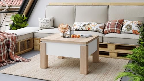 Design Couchtisch Tisch Oslo höhenverstellbar 49 / 76cm aufklappbar 80 / 160cm Esstisch, Farbe:Sonoma Eiche - Weiß matt
