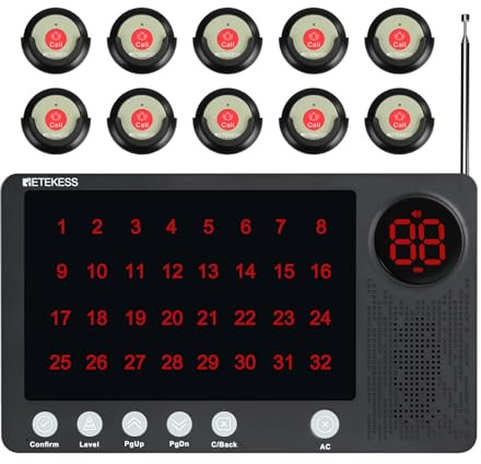 Retekess TH107 Pager Rufsystem, Drahtlose Pager System für Senioren, Caregiver Pager, 300m Rufweite, 10 Sprachen, IP67 wasserdicht,für Krankenhaus, Kliniken, Pflegeheime, Senioren