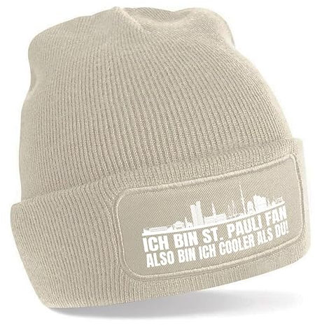 Beanie Strickmütze mit Spruch | Ich bin St. Pauli Fan also bin ich cooler als du! | creme | weiche und warme Fußball Mütze für Hamburg Fan | Skyline | SoftTouch Einheitsgröße für Erwachsene