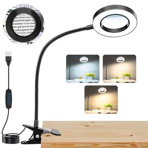 10X Magnifying Glass with Light, Clip on Mganifier with Light, 48 LED Desk Magnifying Glass wtih Clamp, 3 Modes Dimmable Magnifying LED Lamps for Bed Work Crafts DIY Repair