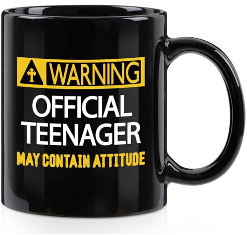 Joymaking Coffee Mug Teenager Birthday Gifts, Funny Gift for Teen 13th Birthday Coffee Cups with Warning Official Teenager May Contain Attitud, 11oz Ceramic Mug Black Cup Teen Gift for Friend