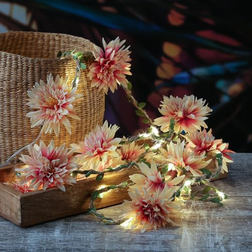 LED Lichterkette Blumen Dahlien Blumengirlande 30 warmweiße LED - Batteriebetrieb mit Timer Sommer Hochzeit Deko L: 2,9m - creme