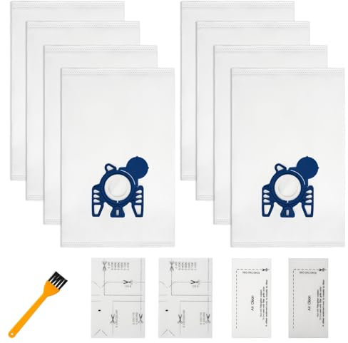 8Pack 3D Vacuum Cleaner Bags,Filter Bag for Miele GN Vacuum Cleaner Complete C3, C2, Classic C1, S400, S600, S800, S2, S5, S8 Series with Motor Protection Filters，Air Clean Filters，Cleaning brush