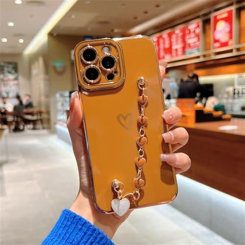 NVYRO Weiche galvanisierte Liebesherz-Hülle für iPhone 11 12 13 14 15 Pro Max XS X XR 7 8 Plus SE 2020 Armband Bumper Back Cover, braun, für iPhone 13