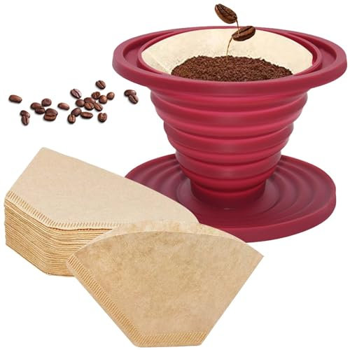 Faltbarer Kaffee Tropfer, Silikon Kaffeefilter größe 4, wiederverwendbarer Silikon-Kegelfilterhalter, Kaffeefilter Camping, Coffee Dripper mit 50 Kegel-Papierfiltern für Zuhause, Büro, Café, Reisen