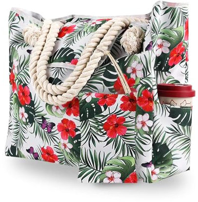 Blisscok Sac de Plage pour Femmes, Sac Shopping Voyage Ete, Grand Sac à Bandoulière avec Fermeture Éclair et Poignée en Corde, pour la Plage (A1)