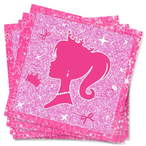 POPOYU Rosa Geburtstag Servietten, 20 Stück Rosa Prinzessinnen Party Servietten Tischdeko, 33x33cm Papierservietten Paper Napkins, Kindergeburtstag Party Zubehör für Mädchen Deko Tissue