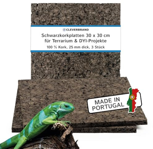 Cleverbrand 3X Schwarzkorkplatte 30x30 cm - 25 mm dick, Naturkork Rückwand für Terrarium, DIY-Projekte & Isolierung, wasserabweisend, aus Portugal