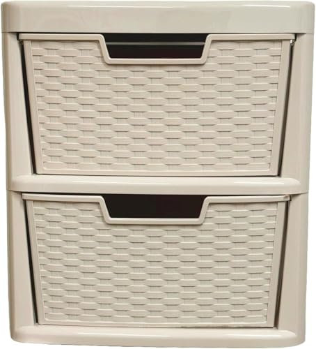 KYY'Z Large Storage Drawers Unit, Plastic Rattan Effect, 2/3/4 Drawer Tower Organizer for Home, Office, Garage, Bathroom, Multi-Purpose Modular Cabinet, Mushroom (2 Drawers Large Mushroom)