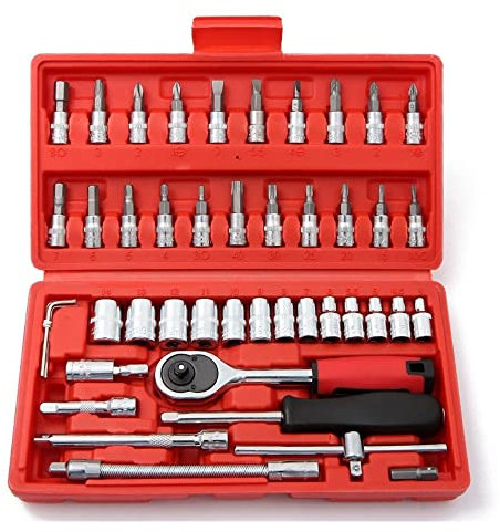 JTZXJJX 46-teilig 1/4 Antrieb Ratschen Steckschlüssel Set, Ratschenkasten Knarrenkasten Klein umfasst metrische Bit-Stecknüsse und Verlängerungsstangen für Arbeiten an Fahrrädern und Autos