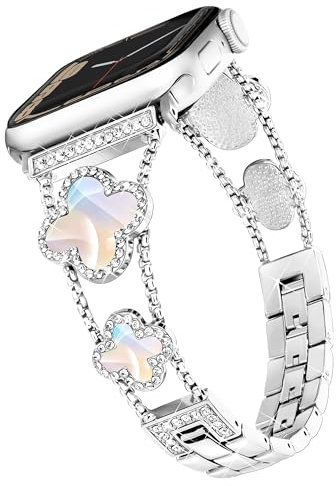 wipalor Sparkling Four-Leaf Clover Band Compatible with Apple Watch Straps Women 42mm 41mm 40mm 38mm, Lucky Diamond iWatch Strap, Chic Band for Apple Watch Strap Series 1110 SE 9 8 7 6 5 4 3, Silver