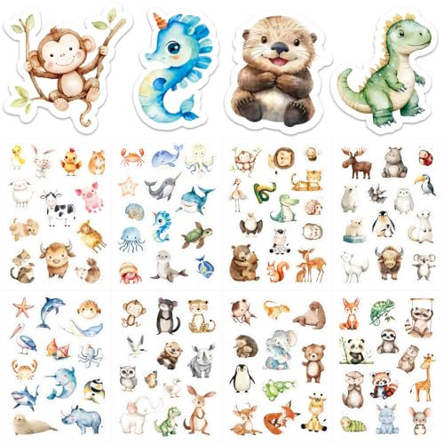 BETESSIN Tiere Sticker Set - 16 Bögen Kinder Sticker mit 200+ Niedlichen Aquarellen Motiven - Tiere Aufkleber für Laptop, Telefon, Kindle, Wasserflasche, Fahrrad, Koffer, Scrapbook usw.