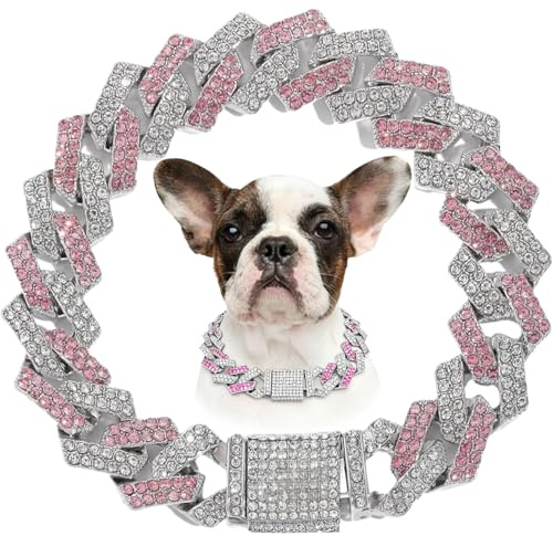Rose Gold Dog Chain, Diamond Cuba Link Dog Collar Metal Dog Necklace Cat Chains Pet Crystal Collars Jewelry for Small Medium Large Dogs Cats, 18-inch
