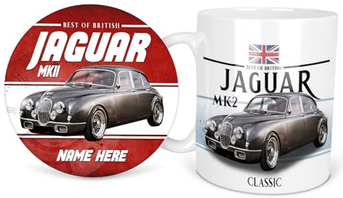 KRAFTYGIFTS Personalised Jaguar MK2 Mug & Coaster Round Classic Car Coffee Tea Cup & Drink Mat Retro Garage Dad Grandad Mechanic Birthday Gift for Him CLC22