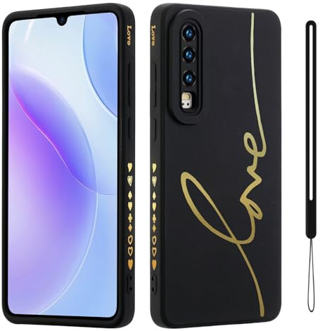 HAONANDE Étui pour Huawei P30, Housse Mignon Bling de Luxe pour Filles Femme avec Doré Motif de Coeur d'amour dragonne Cordon, Ultra Fine Souple TPU Antichoc Coque Noir