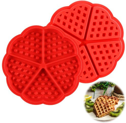 Silikon Waffelform Herzform, Waffeln Backform Herz und Muffinform Backen Antihaft 5 Mulden Waffeleinsatz DIY Kuchen Plätzchenback für Backofen Mikrowelle (Rot)