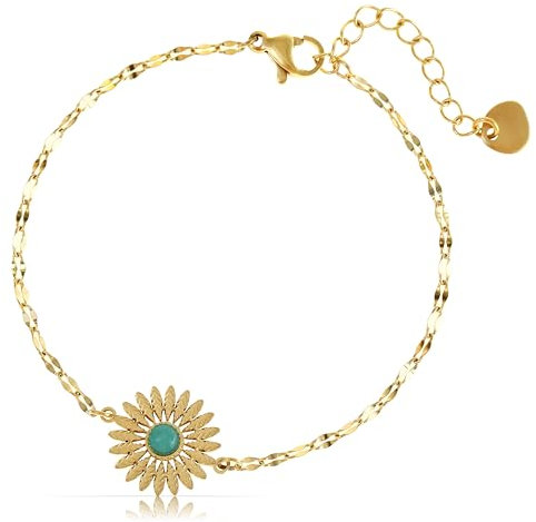Made by Nami Armband Damen Gold mit Türkisem Stein aus Chirurgischem Edelstahl 16 + 3 cm Boho Schmuck Damen Sommer Wasserfester Schmuck Hypoallergen