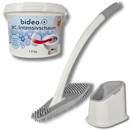 bideo® WC Reiniger-Intensivschaum Set - Silikon Toilettenbürste weiß + 1,5 kg WC Reiniger Schaum – borstenlose 360° Silikon Klobürste & WC Schaum gegen Kalk, Urinstein & Verschmutzungen