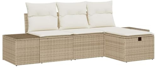 vidaXL Garten-Sofa-Set mit Kissen 4 pcs Beige Poly Rattan, Garten und Terrasse, modernes verstellbares Sofa-Set, rechteckige modulare Loungemöbel, wetterfestes Patio