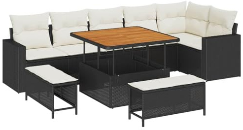 vidaXL 9-teiliges Gartensofa-Eckset mit Kissen, schwarzes Poly-Rattan und Holztisch für draußen, Platz für bis zu 10 Personen, Couch für Patio, Terrasse und Lounge.