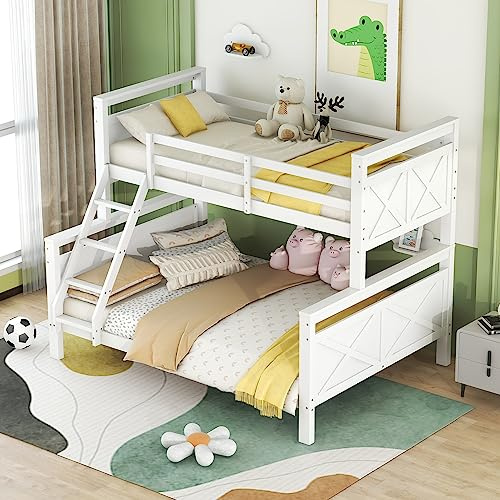 okwish Etagenbett 90x200 cm mit Rausfallschutz, Holzbett Hochbett mit 140x200 cm Bett unten, Stockbett mit Leiter, umbaubar in 2 getrennte Betten für 2-3 Kinder, Jugendliche und Erwachsene, Weiß