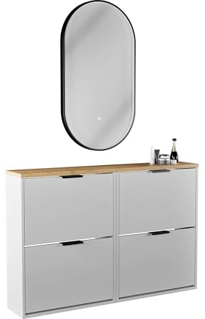 Planetmöbel 2 x Schuhschrank schmal | ovaler Spiegel mit Beleuchtung, (3 Lichtstufen), Schuhkommode mit 2 Klappen Schuhregal mit 4 Ablagen, Garderobe Set, 60 x 23