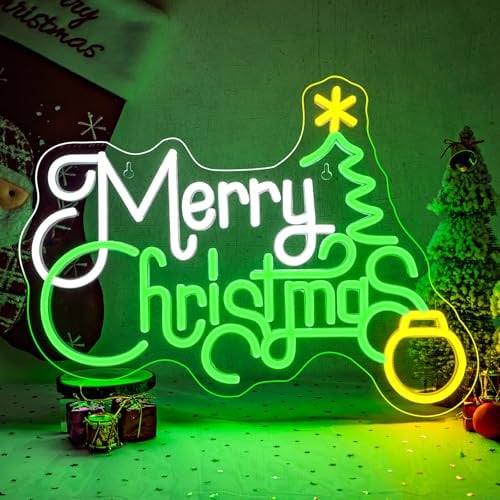 ineonlife Segno al Neon Merry Christmas Verde Bianco Albero di Natale al Neon Regolabile USB Segno al Neon per Casa, Soggiorno, Capodanno, Festa di Natale, Vacanze, Regalo