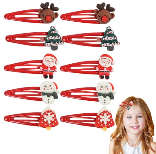 10 Pièces Pince à Cheveux Noël, Pinces à Cheveux de Noël Rouge, pinces à cheveux pour enfants, Clips de noël avec Motifs Festifs (Bonhomme de Neige, Renne) Cadeau Décoration de Fête