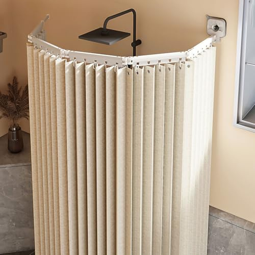 Generico Tenda da Doccia Pieghevole Senza Fori con Asta per A Forma di L/U e Ventosa Potente, Tende da Doccia con Angolazione Regolabile in Tessuto di Lino Impermeabile/Lavabile,Beige,5 Folds