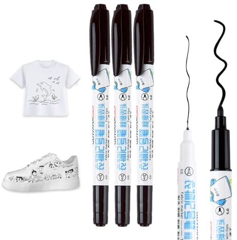 Caelura 3 Stück Textilstifte Waschmaschinenfest Schwarz Dual Tip Set | Textilmarker und Stoffmalstifte, waschfeste schwarze Tinte, für T-Shirt, Stoffbeutel, Schuhe und kreative Textilien
