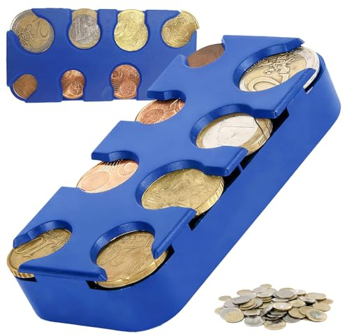Münzbox für Euro Münzen - Münzhalter Münzsammler - Münzspender Sortierer in Blau,Münzspender Euro für Auto – praktische Münzen Aufbewahrung – Coin Holder aus Kunststoff von 2 Euro bis 1 Cent