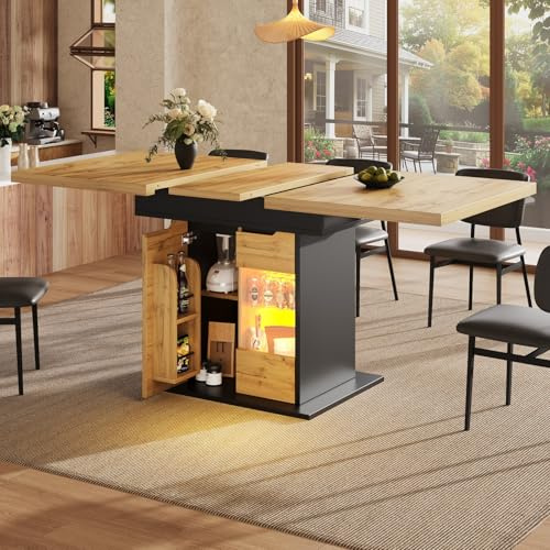 YEHTOKHOME - Mesa de comedor extensible para 4-6 personas, mesa de cocina rectangular con almacenamiento, puertas de cristal, iluminación LED inteligente, para espacios pequeños, 110-140x80 cm (G)
