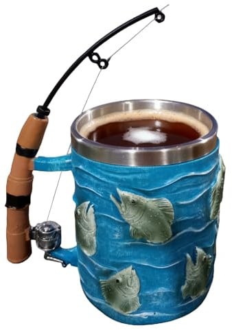 Angler Tassen Mit Ruten-Griff Für Männer,350ml Thermo-Becher Für Kaffee, Bier & Kalte Getränke Für Zuhause Camping Studentenwohnheim Hotel Apartment,Lustiges Geschenk Für Angler
