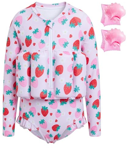 Summshall Toddler Swimsuit with Floatation, Baby Girls Long Sleeve Floating Bathing Suit Front Zipper Floatie Swim Suit for Summer Beach