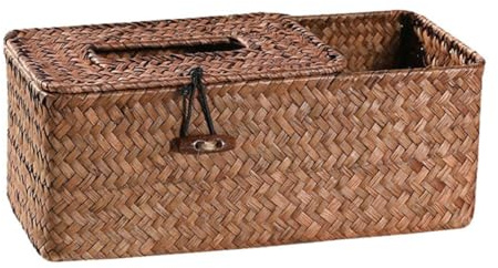 SOESFOUFU Boîte de Rangement en Jonc de Mer avec Compartiments et Couvercle, Boîte à Mouchoirs Multifonctionnelle Élégante et Naturelle pour Bureau et Maison