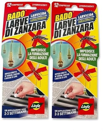 Larvicida Larve di Zanzara, 2 Confezioni da 12 Compresse | Effervescenti, Pyriproxyfen, Ogni 2-3 Settimane, Tombini e Caditoie, Impedisce gli Adulti